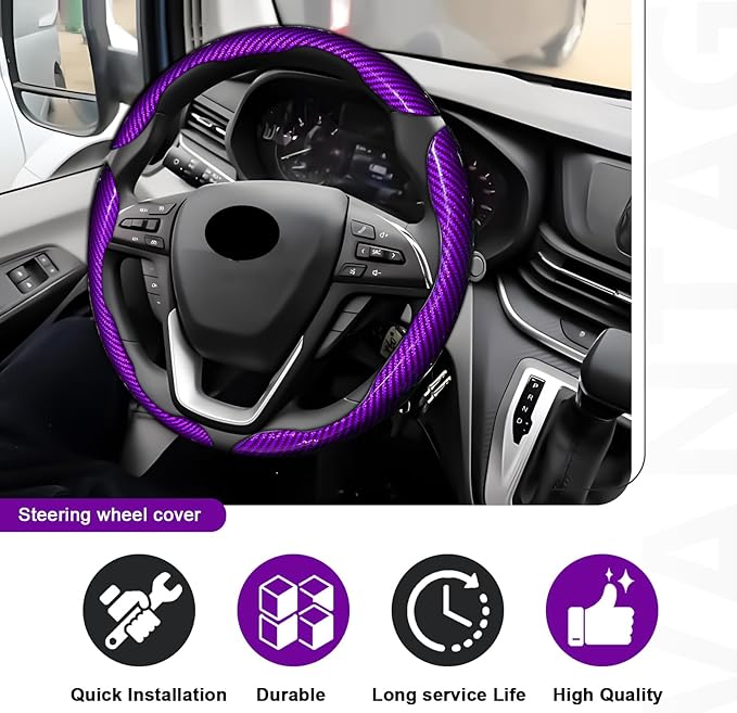 3pcs Universal Carbon Fiber Steering Wheel Cover - Anti-Slip & Segmented Design, Universal 99% Durable Steering Wheel Protector for Men and Women, Car Interior Accessory (Purple) - Image 5