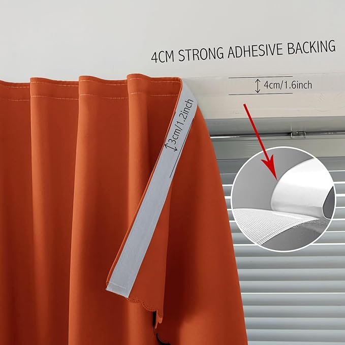 Self Adhesive Curtains Portable Blackout Curtain Simple and Easy to Install Bedroom Window Thermal Lnsulated Kitchen Room Darkening Black Small Drapes, 59" W X 59" L, Orange, 1 Panel - Image 8