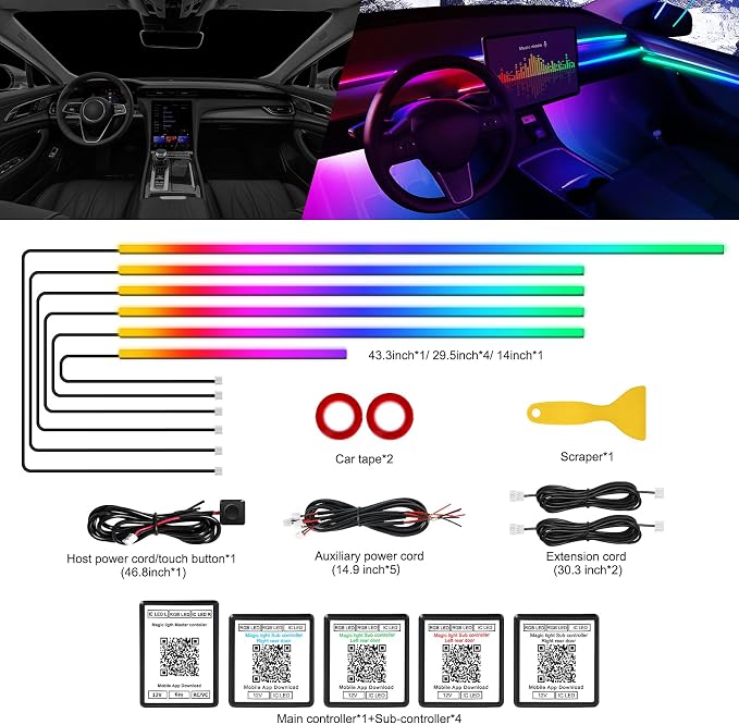 Dreamcolor Acrylic Interior Car LED Strip Light with Wireless APP, RGB 6 in 1 with 175 inches 612 LEDs Fiber Optic Car Symphony Ambient Lighting Kits, Sound Active Function LED Strip for Cars - Image 3