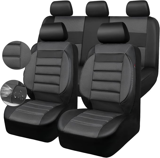 CAR PASS Leather 3D Foam Back Support Car Seat Covers Full Set Air Mesh Automotive Seat Covers, All Season Car Seat Cover Fit Automotive,SUV,Sedan,Van, Airbag Compatible Elegance (Black Charcoal Gray) by CARPASS