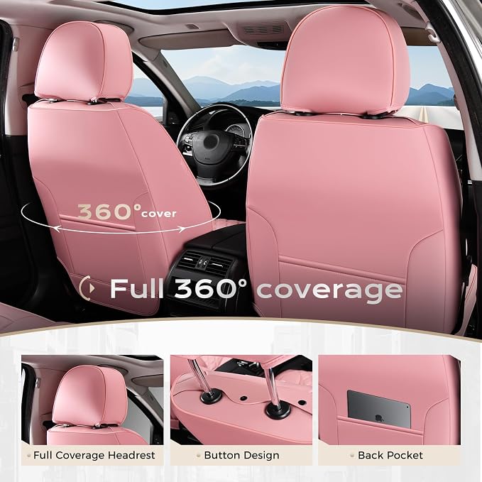 Coverado Front Seat Covers, Luxury Faux Leather Breathable Waterproof Protectors, Universal Fit for Cars, SUVs, Trucks, Durable Car Seat Protectors, Waterproof Car Cushions – Pink - Image 3