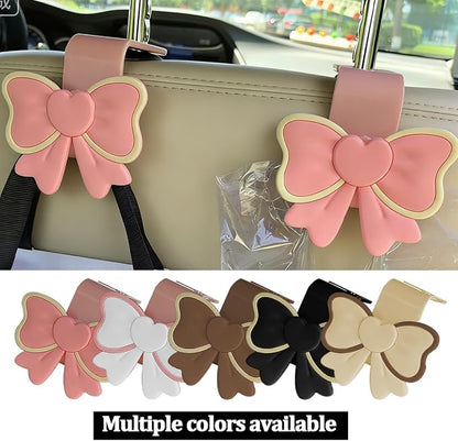 2PCS Car Seat Headrest Hook, Cute Bow Vehicle Backseat Storage Hanger Purse Handbag Organizer, Automotive Interior Seat Back Hook Holder for Umbrella Hat Bag, Universal for Vehicles (Beige) - Image 5