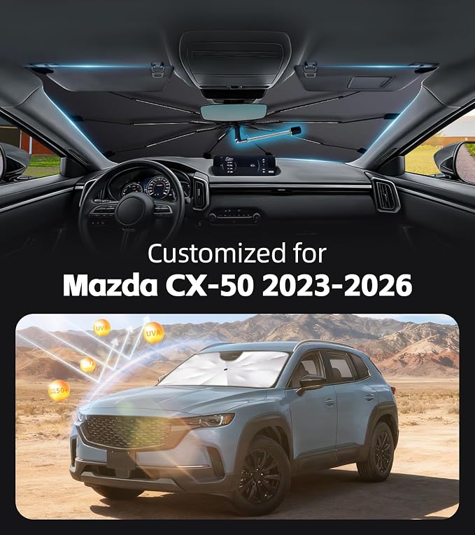 Windshield Sun Shade for Mazda CX-50 2023-2026 with 360° Rotating Shaft | Custom Fit Umbrella Sunshade for UV Blocking, Interior Heat Protection, Easy Storage, UPF 50+ Cool Windshield Cover - Image 2