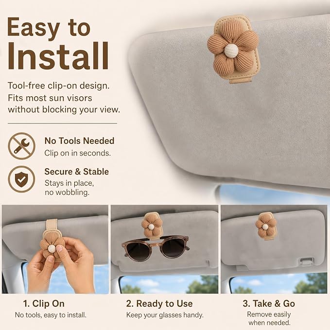 Flower Magnetic Sunglass Holder for Car Visor Fits Women (Brown) | Anti-Scratch Car Sunglass Holder Clip for Multiple Sizes of Glasses,Tool-Free Sunglasses Clip for Car Visor as Gifts - Image 6