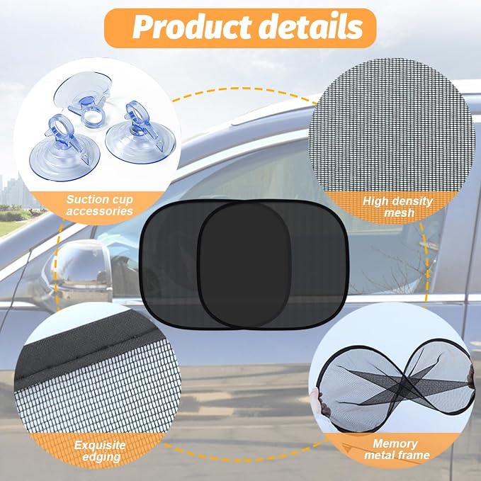 2 Pack 14.96 x 25.59 Inch Car Window Sunshades, Front Side | mesh fabric, metal support frame, suction-cup mounting, twist-fold storage, UV and heat blocking - Image 3