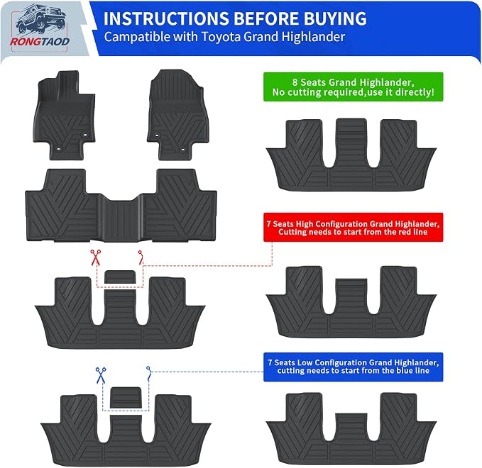 Rongtaod Floor Mats Set for 2024 2025 2026 Toyota Grand Highlander | Trunk Mat with Backrest Mat Waterproof Cargo Mat Cargo Liner TPE All Weather Back Seat Protector Grand Highlander Accessories - Image 4
