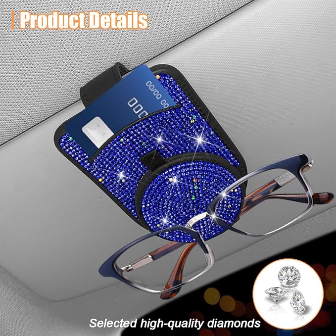 Bling Sunglasses Holder for Car Visor, Genuine Leather Crystal Rhinestone Vehicle Eyeglasses Clip Mount Hanger, Auto Ticket Card Origanizer for Women Girls, Universal Fit (Blue) - Image 5