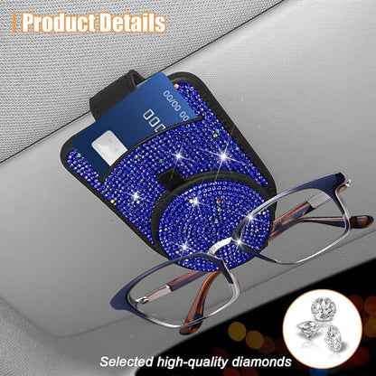 Bling Sunglasses Holder for Car Visor, Genuine Leather Crystal Rhinestone Vehicle Eyeglasses Clip Mount Hanger, Auto Ticket Card Origanizer for Women Girls, Universal Fit (Blue) - Image 5