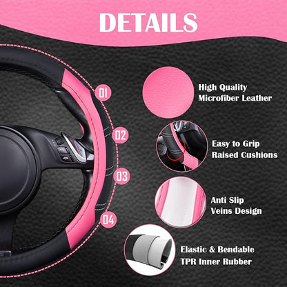 CAR PASS Line Rider Microfiber Leather Sporty 14.5-15 inch Steering Wheel Cover Universal Fits for 95% Truck,SUV,Cars, Anti-Slip Safety Comfortable Design (Black Pink) - Image 4