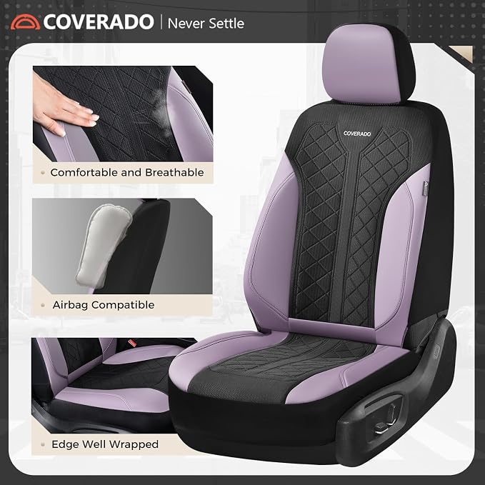 Coverado Seat Covers for Car Fullset, Leather Car Seat Covers 5 Seats, Breathable Purple Driver Seat Protectors, Luxury Automotive Covers, Universal Fit for SUV, Truck, Sedan - Image 2