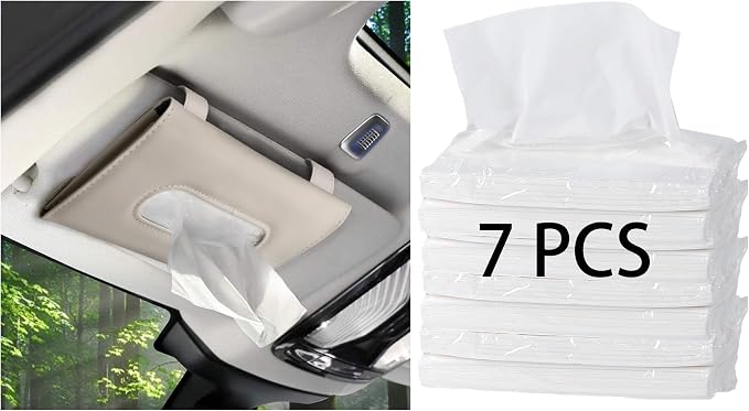 Car Tissue Holder with 7 Refill, Car Tissues Box, Tissue Napkin Refill | Leather Tissue Dispenser for Car Visor Beige, One Tissue Holder and 7 Bags of Tissues Filler Beige - Image 6