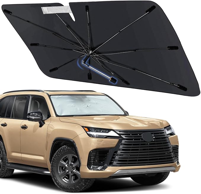 Windshield Sun Shade for Lexus LX 2008-2026, Foldable Umbrella Sunshade | Custom Fit Car Sun Visor with 360° Rotating Shaft, UV Protection Heat Shield Sun Blocker Heat Reflector and Easy Storage by Visufy