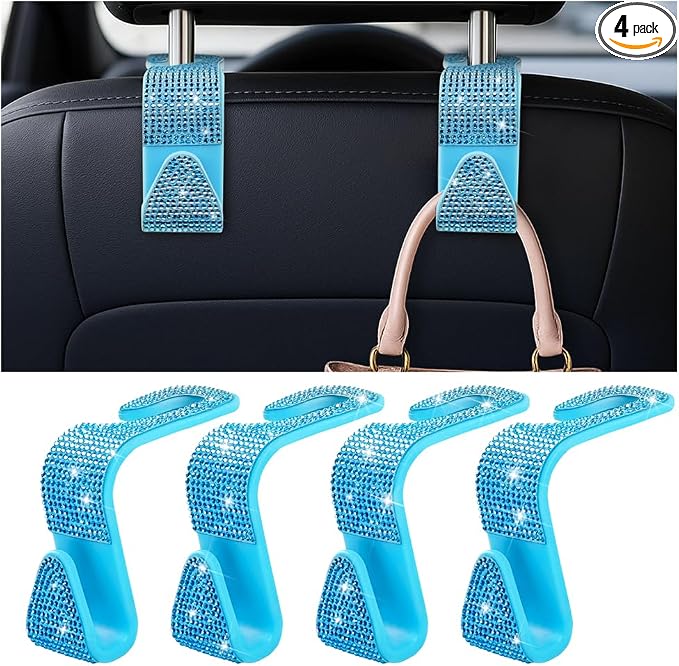 Zpana 4PCS Bling Car Seat Headrest Hooks, Crystal Rhinestones, Light Blue | Vehicle Back Seat Purse Handbag Hanging Holder, Crystal Diamond Design for Girls, Storage Organizer Hook, Universal Fit by Zpana