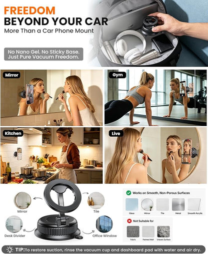 Vacuum Car Phone Holder for MagSafe, No-Glue Suction Cup Mount with Dashboard Pad, Reinforced Zinc Alloy Hinge, 360° Rotatable Foldable Cell Phone Holder for iPhone 17 16 15 14 13 12 Series - Image 2