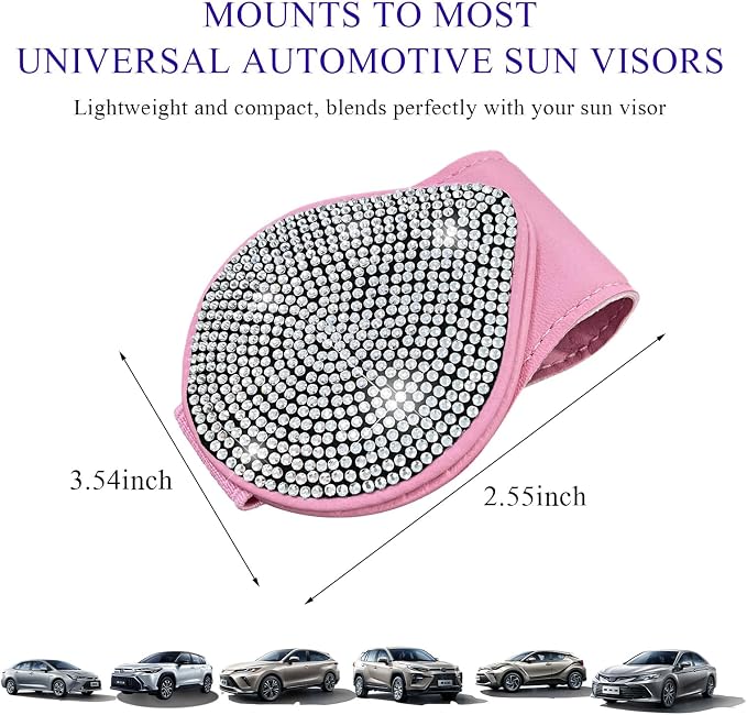 KVAEY Bling Sunglass Holder for Car Visor, Magnetic Leather Visor Clip Glasses Holder with Sparkling Rhinestones, Crystal Visor Ticket Card Clip for Women Girls, Car Accessories (Pink & White) - Image 2