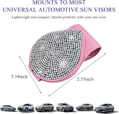 KVAEY Bling Sunglass Holder for Car Visor, Magnetic Leather Visor Clip Glasses Holder with Sparkling Rhinestones, Crystal Visor Ticket Card Clip for Women Girls, Car Accessories (Pink & White) - Image 2