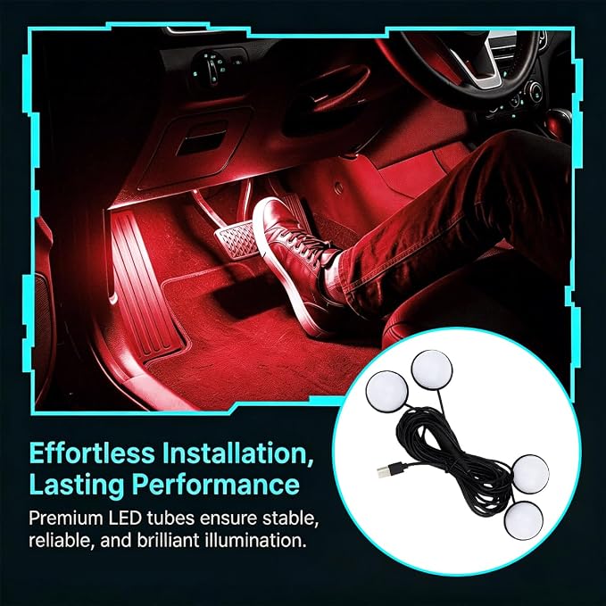 Car Interior LED Light, 4-in-1 USB Port Vehicle Under Dash Ambient Neon Lighting with Music Sync Mode, Automotive Inside Foot Well Atmosphere Lamp, Universal for SUV Van Truck - Image 6