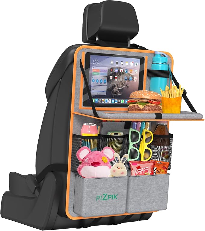 Car Backseat Organizer with Tablet Holder,11 Storage Pockets with Foldable Food Tray, Protector Kick Mats for Kids, Travel Accessories Organizer (Orange, 1Pack) by Plzpik