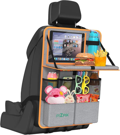 Car Backseat Organizer with Tablet Holder,11 Storage Pockets with Foldable Food Tray, Protector Kick Mats for Kids, Travel Accessories Organizer (Orange, 1Pack) by Plzpik