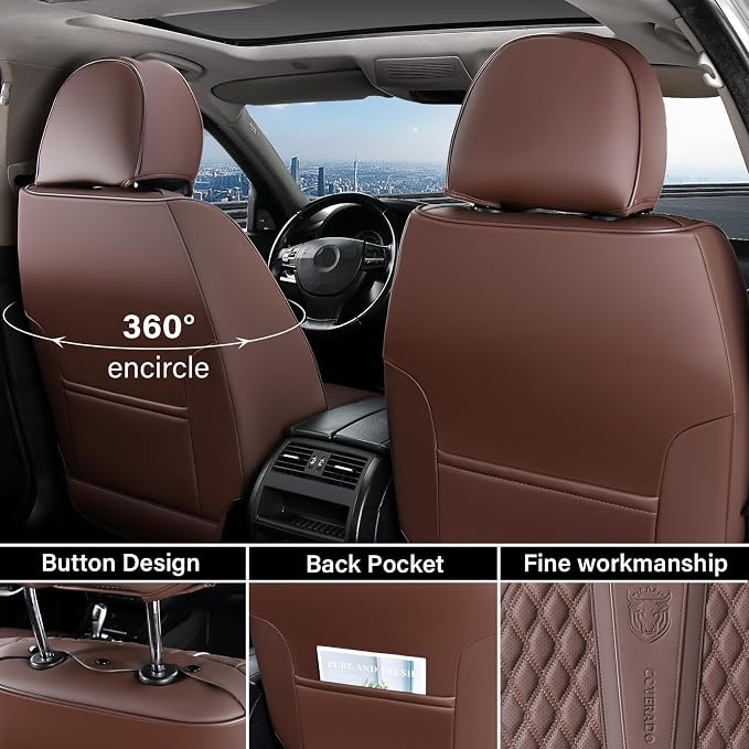 Coverado Front Seat Covers, Car Seat Covers Front Seats, Nappa Leather Seat Covers for Cars, Waterproof Seat Covers with Lumbar Support Universal Fit for Most Cars SUV Trucks (Front, Coffee) - Image 2