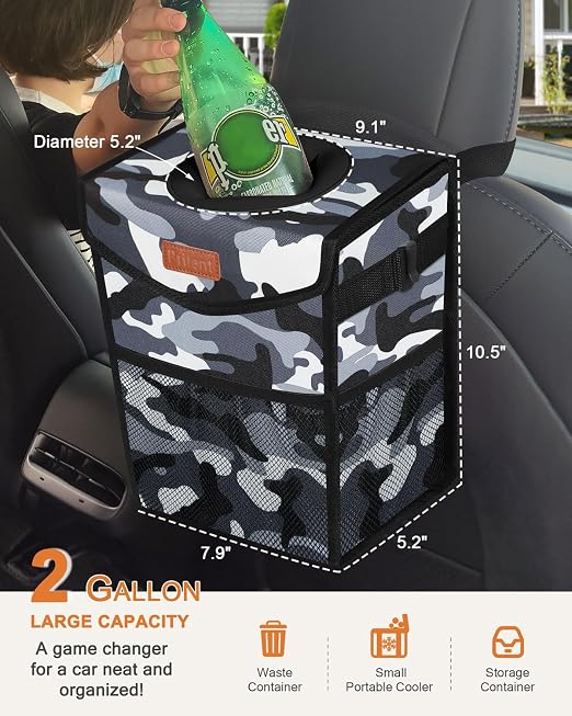 Pritent Car Trash Can with Lid Leakproof Car Garbage Bag Vehicle Trash Bin | Hanging Automotive Garbage Can,Multipurpose Car Accessories for Women Men Interior Car Storage Organizer(2 Gal,Camo Grey) - Image 2