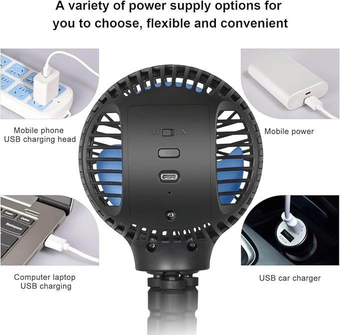WiHoo Portable Stroller Fan, 10H Ultra-long Battery Life 3 Speed 360°Rotate, USB Rechargeable or Battery Operated Cooling Clip On Personal Fan for Baby Crib Travel Car Seat Black - Image 7