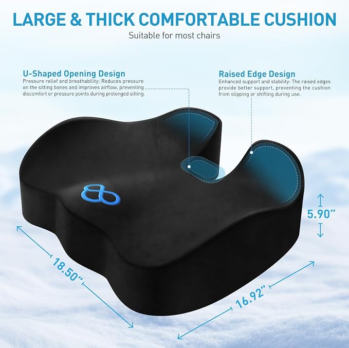 BlissTrends Extra Thick Seat Cushion for Office Chair & Car Seat, Black | XX-Large Tailbone & Sciatica Relief, Ergonomic Support, High-Density Memory Foam, Comfort for Extended Sitting - Image 2