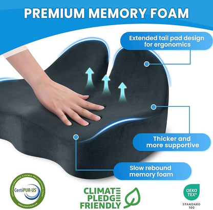 CushZone Extra Large Seat Cushion, Sciatica Support for Chair, Blue Grey | Ergonomic Office Chair Cushion for Hip & Tailbone Pain Relief, Memory Foam Cushion for Car, Long Trip, Desk Chair, Lab - Image 4
