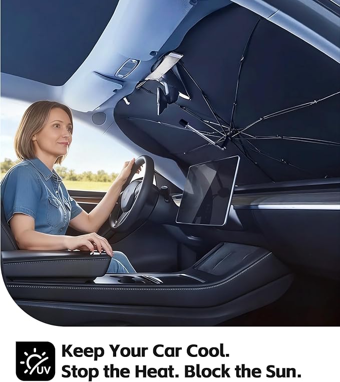 Windshield Sun Shade for GMC Sierra 1500 2500 3500 2019-2026, UPF50+ | 360°Rotating Shaft, Custom Fit Umbrella Sunshade for UV Blocking, Interior Heat Protection, Easy Storage, Keep Cool - Image 8