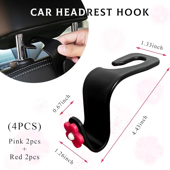 Yourkar 4 PCS Car Seat Headrest Hook, Plastic Headrest Hooks with Adhesive Flower, Auto Back Seat Hanger Storage Hook for Grocery Bag Purse Handbag Umbrella, Car Accessories (Pink+Red) - Image 2