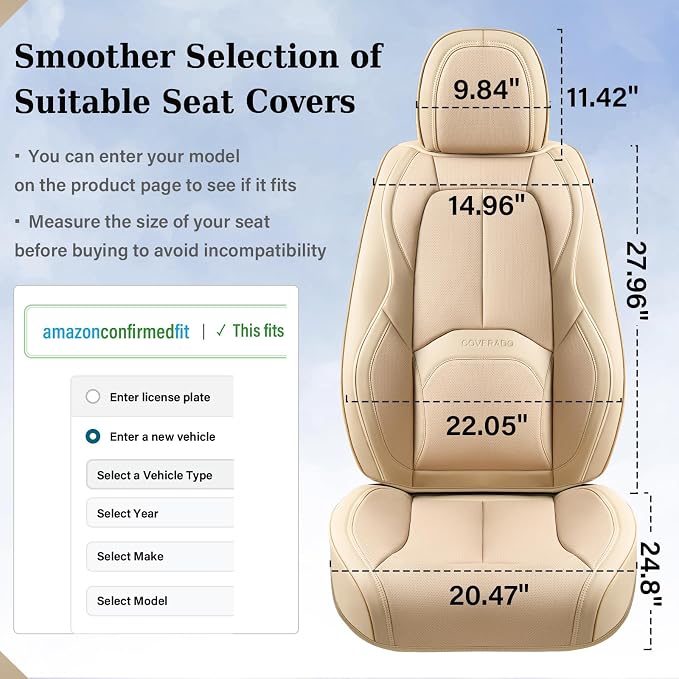 Coverado Seat Covers, Leather Seat Covers Front Seat, Luxury Car Seat Covers with Lumbar Support, Front Driver Seat Covers, Car Seat Protector Waterproof Universal Fit Most Cars(Beige) - Image 7