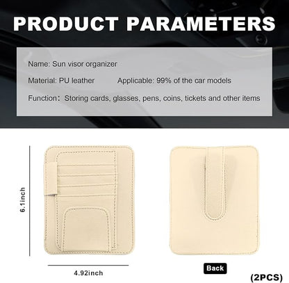 Dickno 2PCS Small Leather Car Sun Visor Organizer, Multifunctional Auto Visor Document Holder with Sunglasses Clip, Universal Car Interior Organizer for Drving License, Card, Pen (Beige) - Image 2