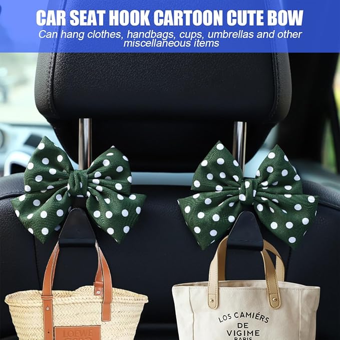 Mandark 2PCS Bow Car Headrest Hooks for Bags, Green/Polka Dot | PVC construction, clip-on installation keeps items off the floor, fits most cars, SUVs, and trucks, car interior accessories - Image 5