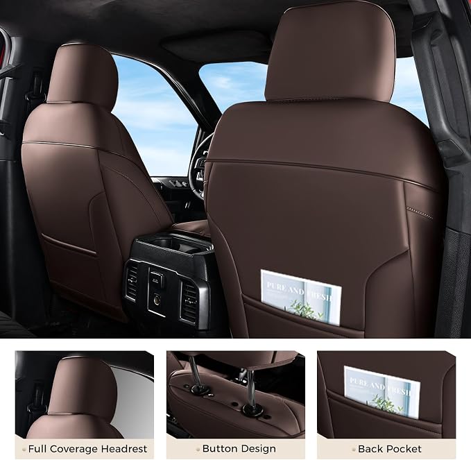 Coverado Premium Leather Full Set Seat Covers Waterproof Heavy-Duty Protectors Custom Fit for Ford F150 (2015-2026) F250/F350/F450 (2017-2026)-Coffee, Vintage Style, Scratch-Resistant - Image 2