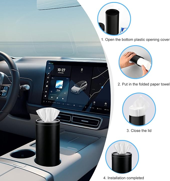 Car Tissues Cylinder, Cup Holder Car Tissue Box, Detachable Easy Cleaning Tissue Holder with 1 Pack Tissues, Black - Image 5