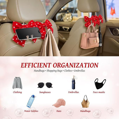 2 PCS Bow Pearl Car Seat Headrest Hook – Cute Purse Hook for Car, Girly Interior Decoration Accessories Hook Hanger, Seatback Holder for Purses & Bags, Elegant Car Organizer (Red Polka Dot) - Image 4