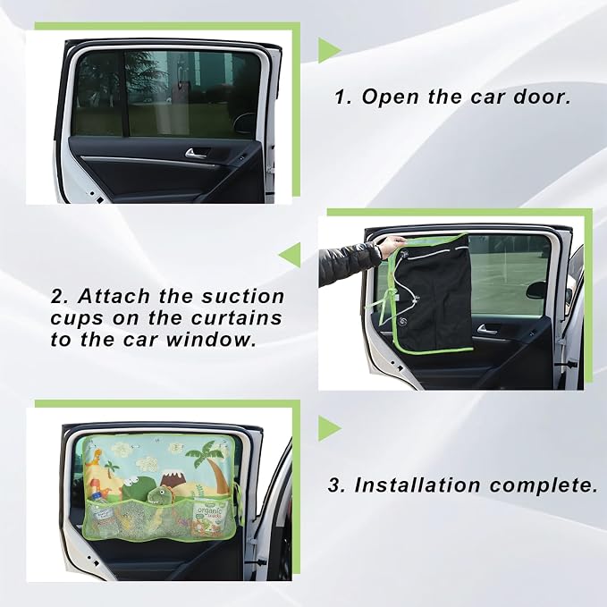 Car Window Shade for Baby, Car Sun Shade Curtain with Storage Pockets & Suction Cups, Cartoon Sun Blocker Blind for Side Windows, Blocks Heat, Privacy Cover for SUV Sedan (Green Dinosaur) - Image 6