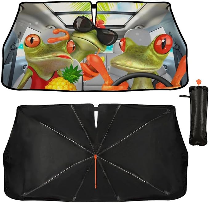 Funny Frog Car Windshield Sunshade Umbrella Funny Car Sun Shade Foldable Window Shades Cover 57 x 30 in - Image 2