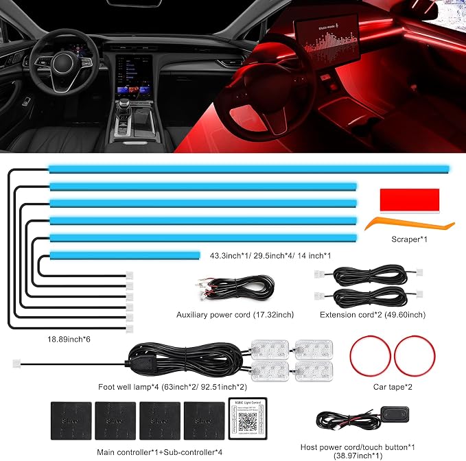 Acrylic Interior Car LED Strip Light with Wireless APP, RGB 10 in 1 with 175 inches 612 LEDs Fiber Optic Car Ambient Lighting Kits, Dynamic Music Sync Neon LED Strip Lights for Car - Image 4