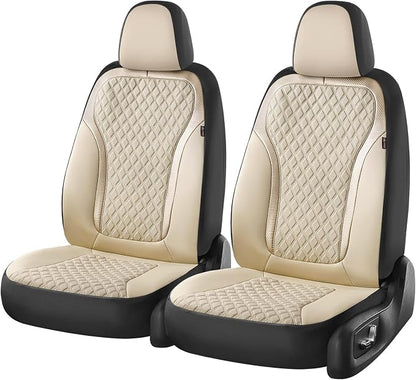 Coverado Front Seat Covers, 2-Pack Luxury Leather Car Seat Cover with Carbon Fiber Weave, Waterproof Car Seat Protectors, Spill-Proof Car Seat Cushion, Beige Seat Covers Universal Fit for Most Cars - Image 6