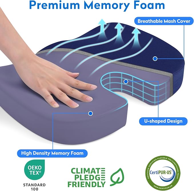 CushZone Memory Foam Seat Cushion for Office Car & Wheelchair, Blue | U-shaped Coccyx Cutout, Contoured Design, Breathable Removable Mesh Cover, Non-Slip Base, Carry Handle - Image 2