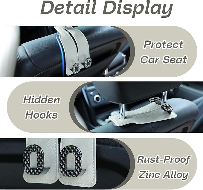 Car Headrest Hooks Universal Car Purse Hook Premium Leather and Alloy Twin Hook Car Seat Back Storage Hanger Hook for Purse Bags Cloth Drink Durable Holder Car Accessories (BH09-White-Black-4 Pcs) - Image 5