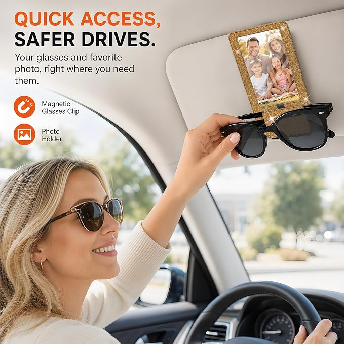 2-in-1 Car Visor Sunglasses & Photo Holder, Magnetic PU Leather Glasses Clip with Picture Display Slot, Universal Sun Visor Organizer for Eyeglasses, Personalized Cards & Memories, Gold Bronze Glitter - Image 2