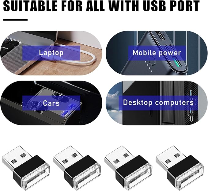 4 PCS USB LED Car Interior Atmosphere Lamp, Portable Mini LED Night Light, Plug-in USB Interface Trunk Ambient Lighting Kit, Universal Interior Car Accessories (Blue) - Image 3