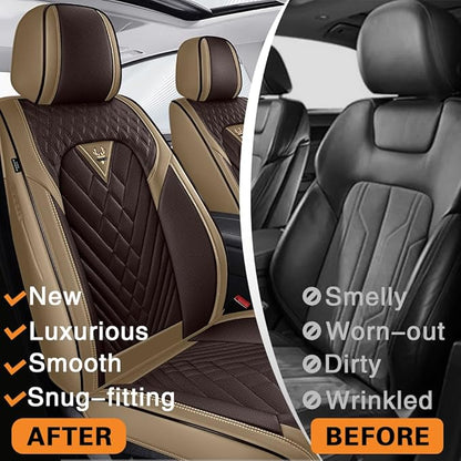Fit for Toyota Yaris Seat Covers 2007-2020,Premium Leather, 360° Full Protection, Thick Padding & Memory Foam, Waterproof & Stain-Resistant Car Seat Cover Front Set (2 Seat,Brown&Beige) - Image 5