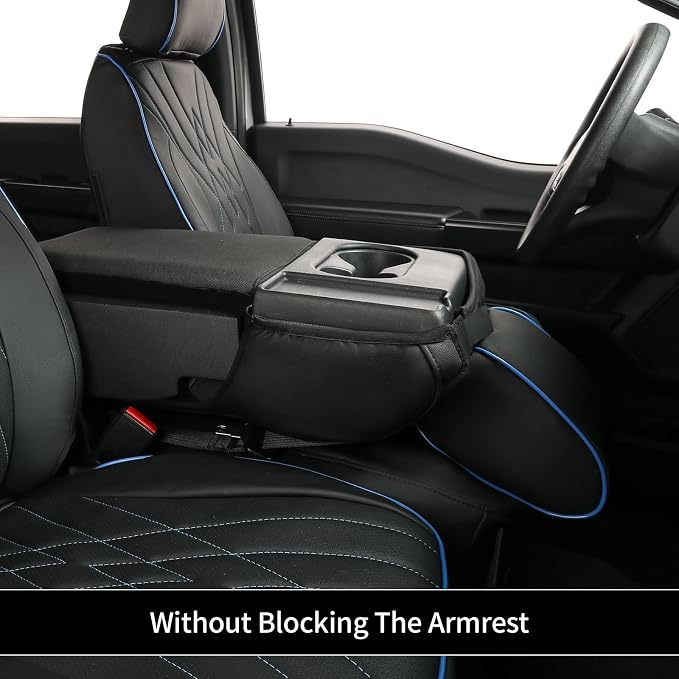 EKR F150 Seat Covers Custom Fit for (4 Door,SuperCrew) Ford F-150 STX 2024-2026 & F150 XL/XLT/Tremor 2021-2026& (Lightning) F-150 Pro/XLT/Flash 2022-2024 -Faux Leather(Black with Blue Trim) - Image 6