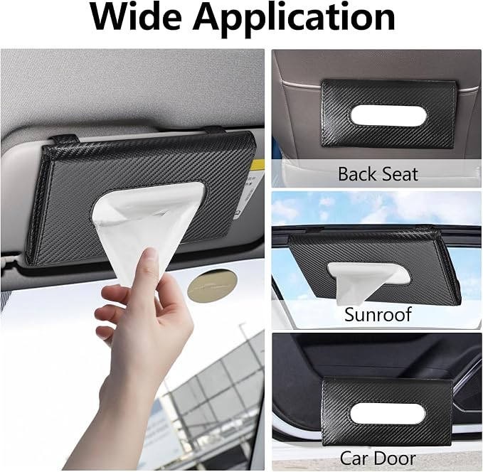 wuyaoyao Car Tissue Holder, Leather Sun Visor Napkin Case, Carbon Fiber | Hook-and-Loop Design, Car Tissue Dispenser, Clip-on Mask Holder for Sunvisor, Easy to Use, Fits SUVs, Sedans, Trucks - Image 3