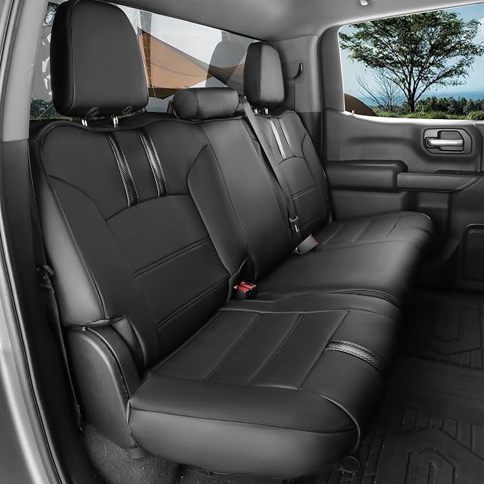 Leather Seat Covers Full Set for Chevy Silverado 1500 (2019-2026) & 2500HD/3500HD (2020-2026)-DoubleCab Pickup,w/No Rear Cup Holder,Fully Covered,Waterproof Car Seat Protector(Black &Carbon Fiber) - Image 7