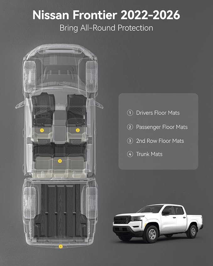 3W Floor Mats & Truck Bed Mat for Nissan Frontier 2025 2024 2023 2022 Crew Cab(NOT for 2nd with Under Seat Speaker), All Weather TPE Custom Fit Car Liner for Frontier | Frontier Crew Cab Pickup 5 FT/59.5inchs,NOT for 2nd with Under Seat Speaker,Anti-Sl... - Image 3