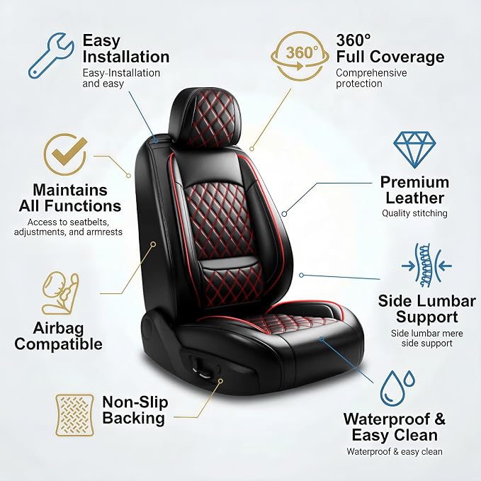 for Subaru WRX 2015-2025 2026 Car Seat Covers, Front Pair, Redline | Luxury Full Coverage Leather Seat Protectors, Waterproof Breathable, Non-Slip, Easy to Install, Airbag Compatible, All-Season - Image 8